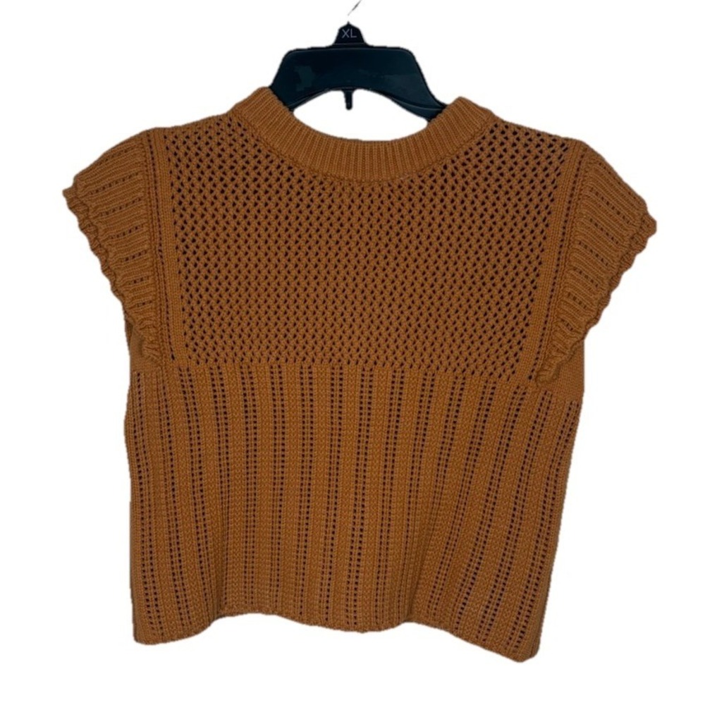 Flat White Crochet Knit Short Sleeve Mustard Sweater Size XS Cropped Open Knit